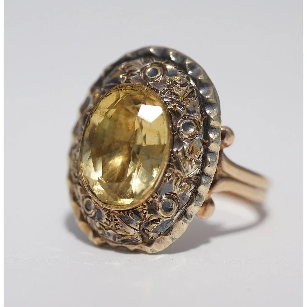 Victorian Antique 14k Solid Yellow Gold Flower Natural Citrine Ring Size 6.5 5g